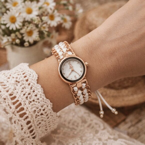 White & Rose Gold Braided WatchBridal Bracelet StyleBachelorette Ready